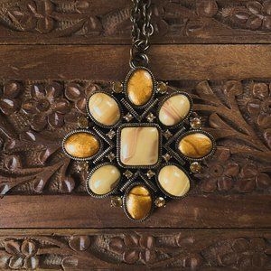 Vintage Style Gold Yellow Rhinestone Cabochons Large Pendant Long Chain Necklace